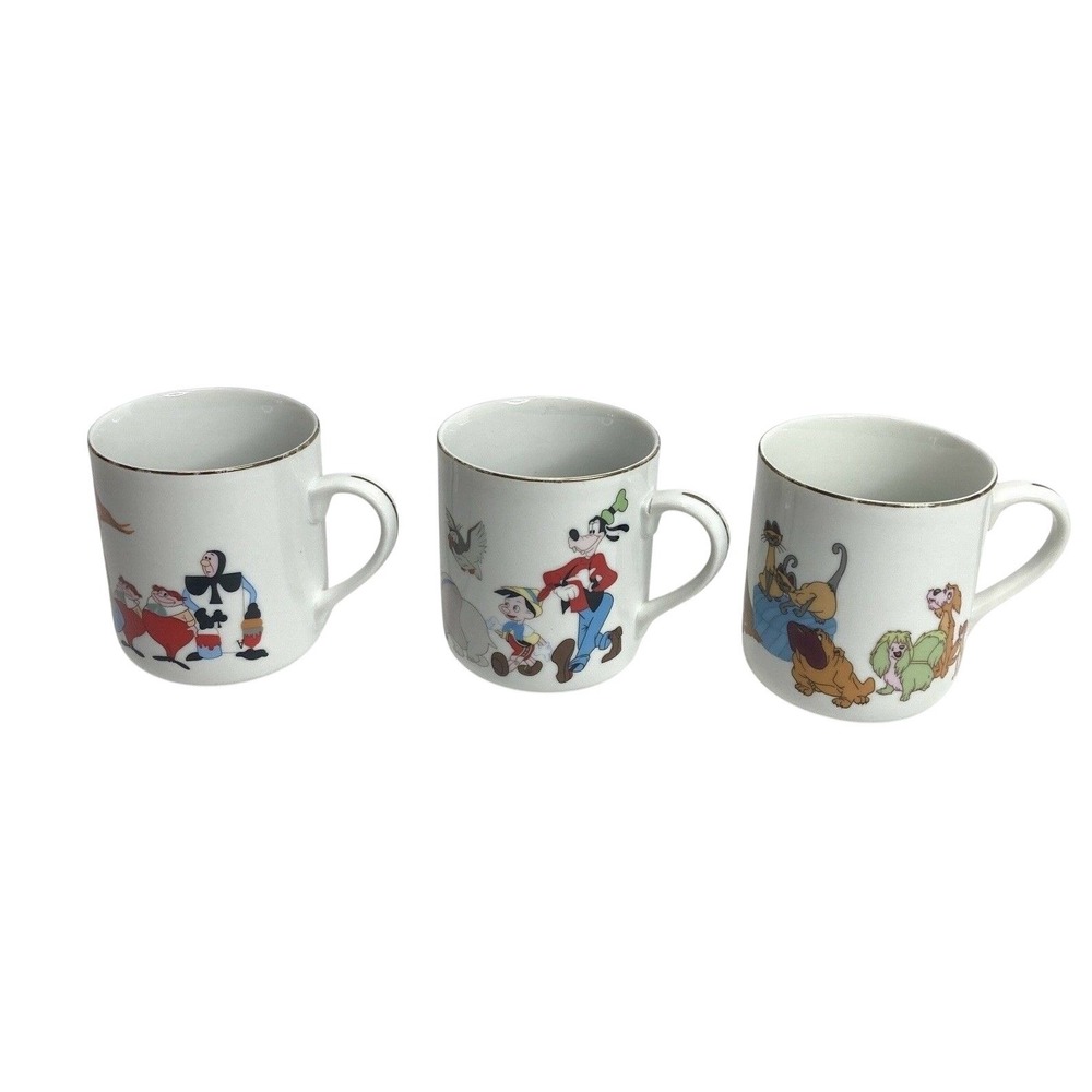 Vtg 3 Disneyland Mugs Alice Wonderland Porcelain Mickey Mouse Aristocats Goofy